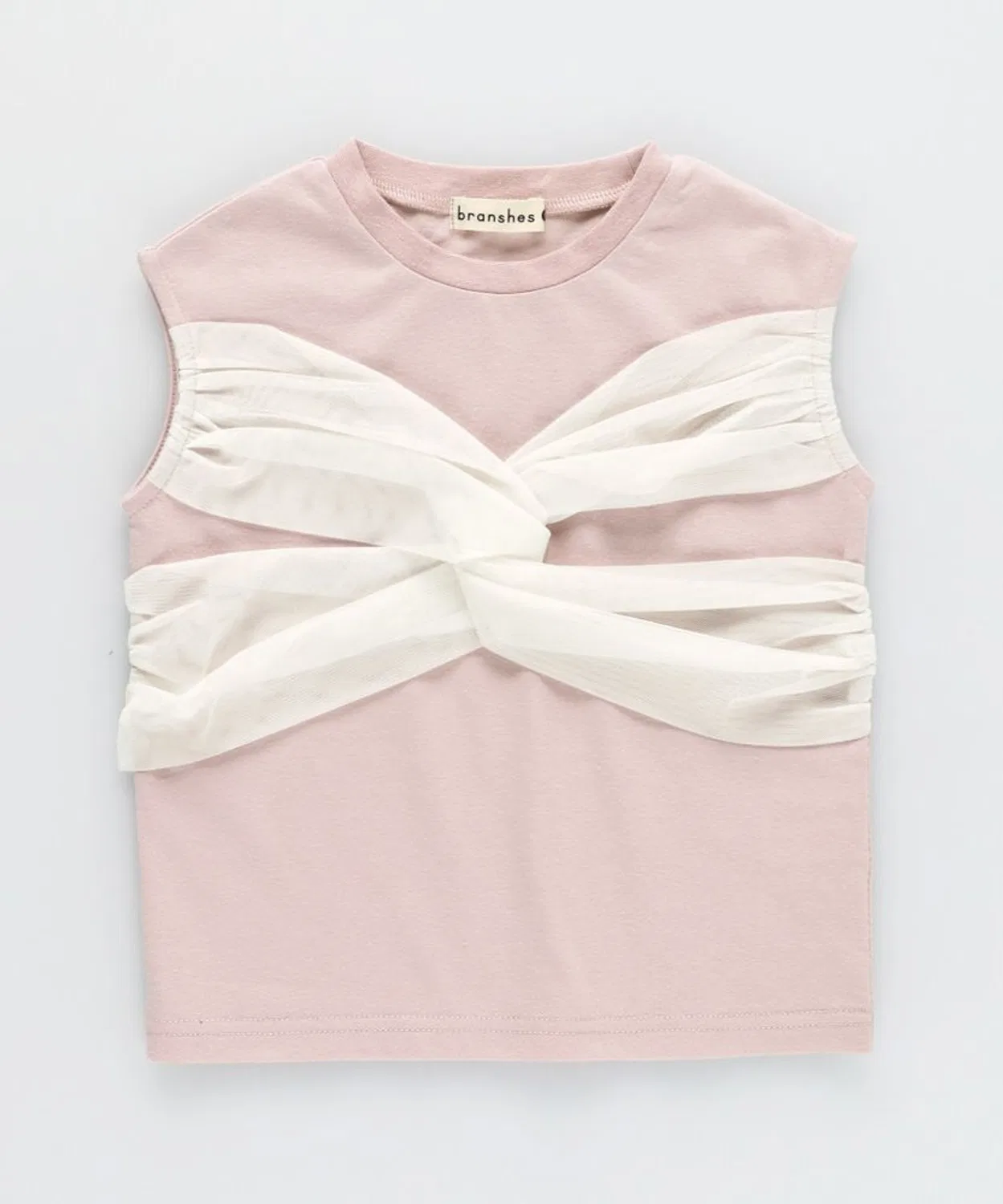 Детский топ с рукавом-фонарик и тюлевым акцентом, модель Cross Design, branshes, Pink — фото 2