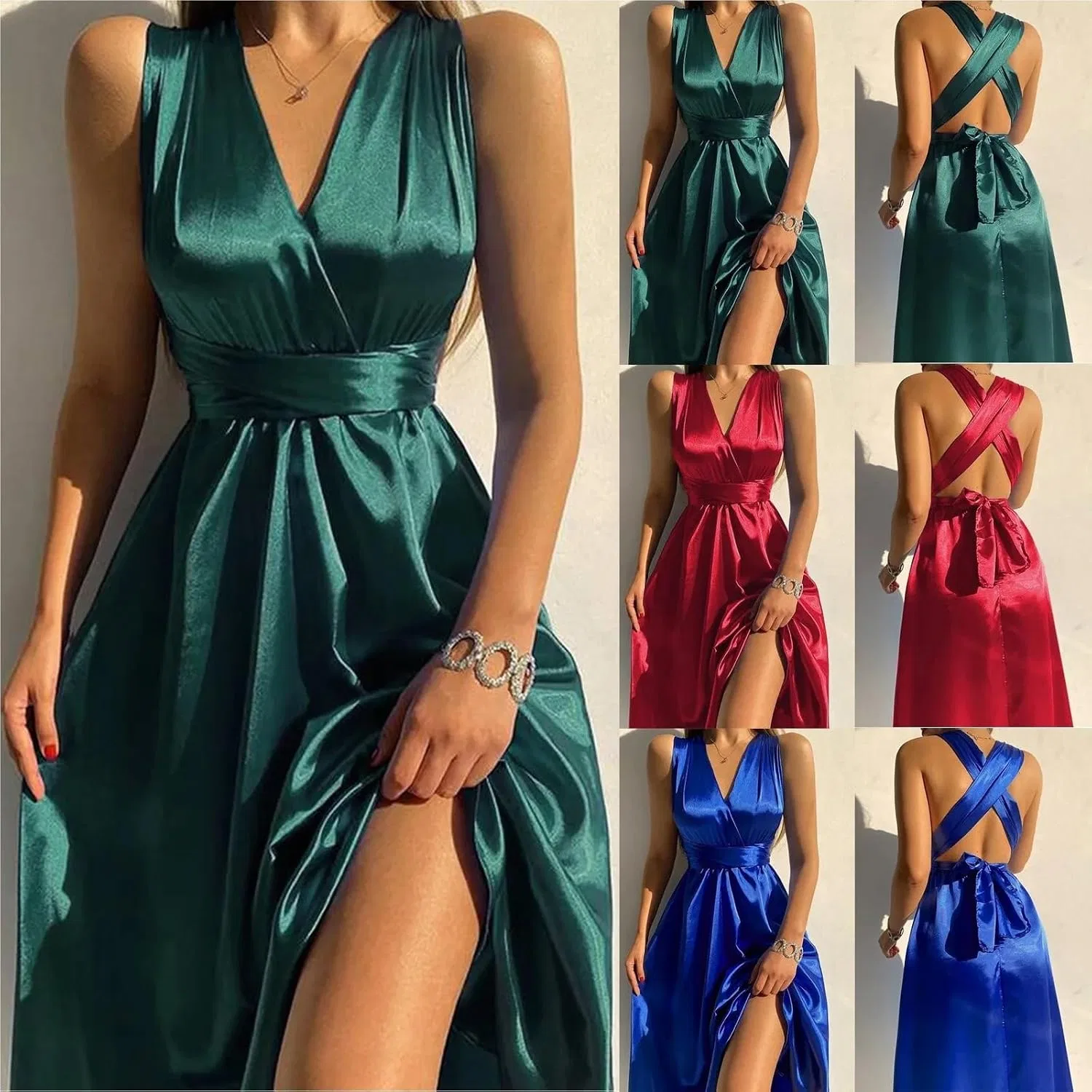 Женское вечернее платье с V-образным вырезом и открытой спиной Satin, Red — фото 4