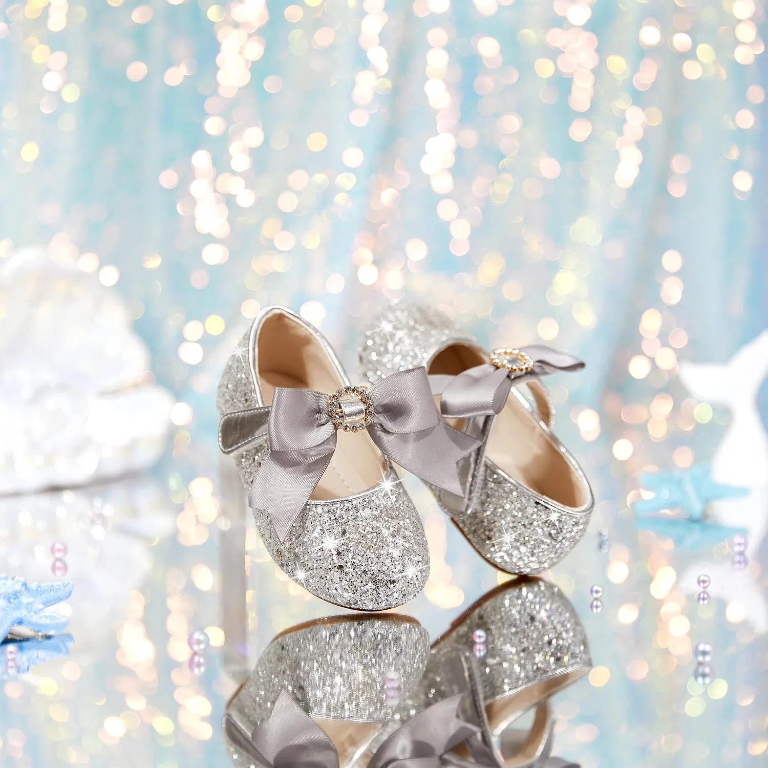 Детские туфли Мэри Джейн для девочек PHIRAMIN, Glitter Bowknot Silver — фото 3