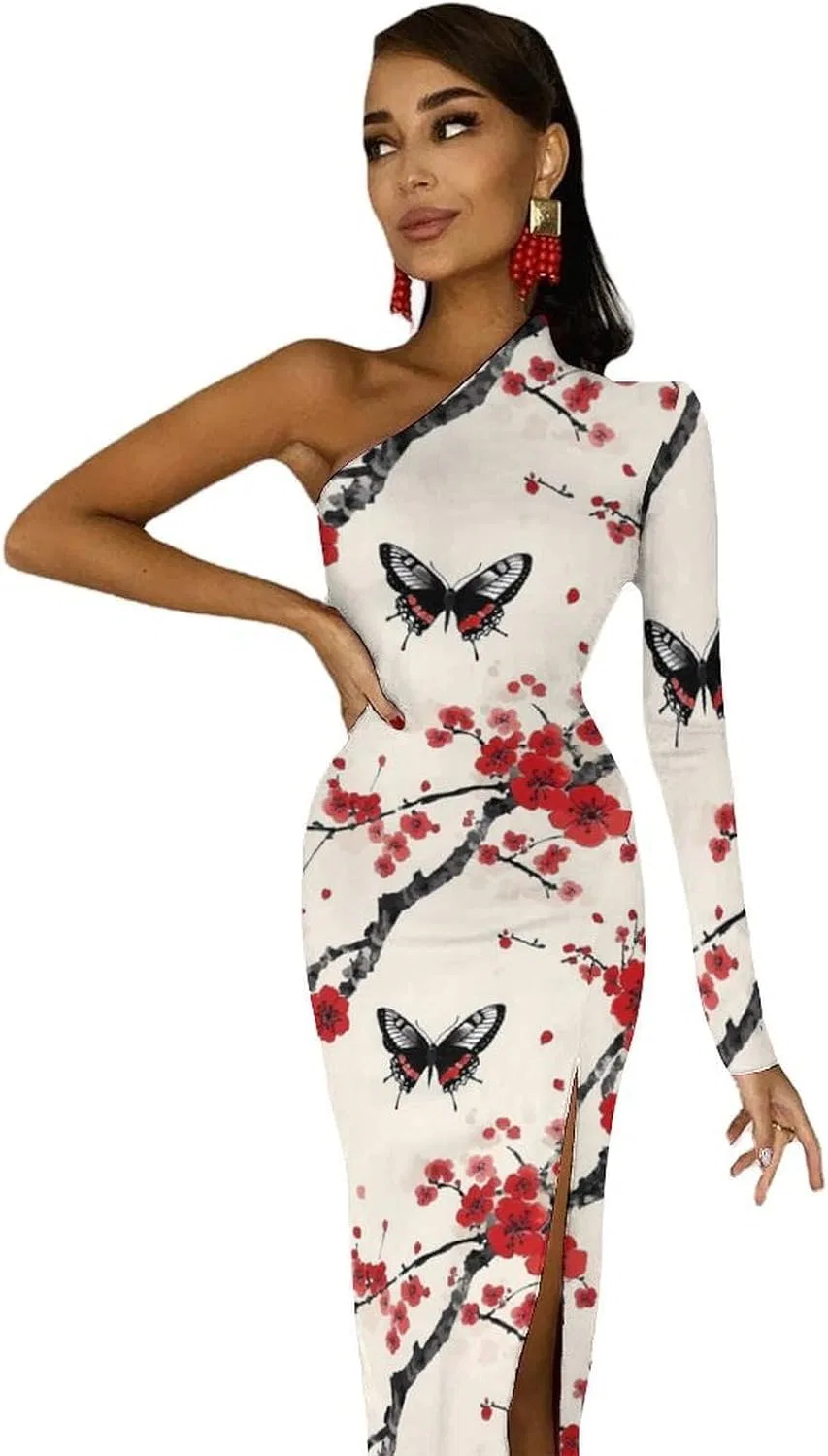 Женское коктейльное платье с одним плечом, длинным рукавом и разрезом, Bodycon, Style — фото 4