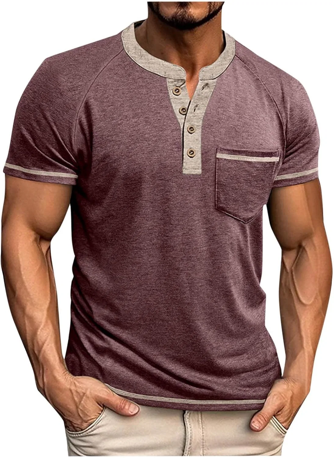 Мужская хлопковая футболка-поло с карманом Regular Fit Henley Neck, Wine