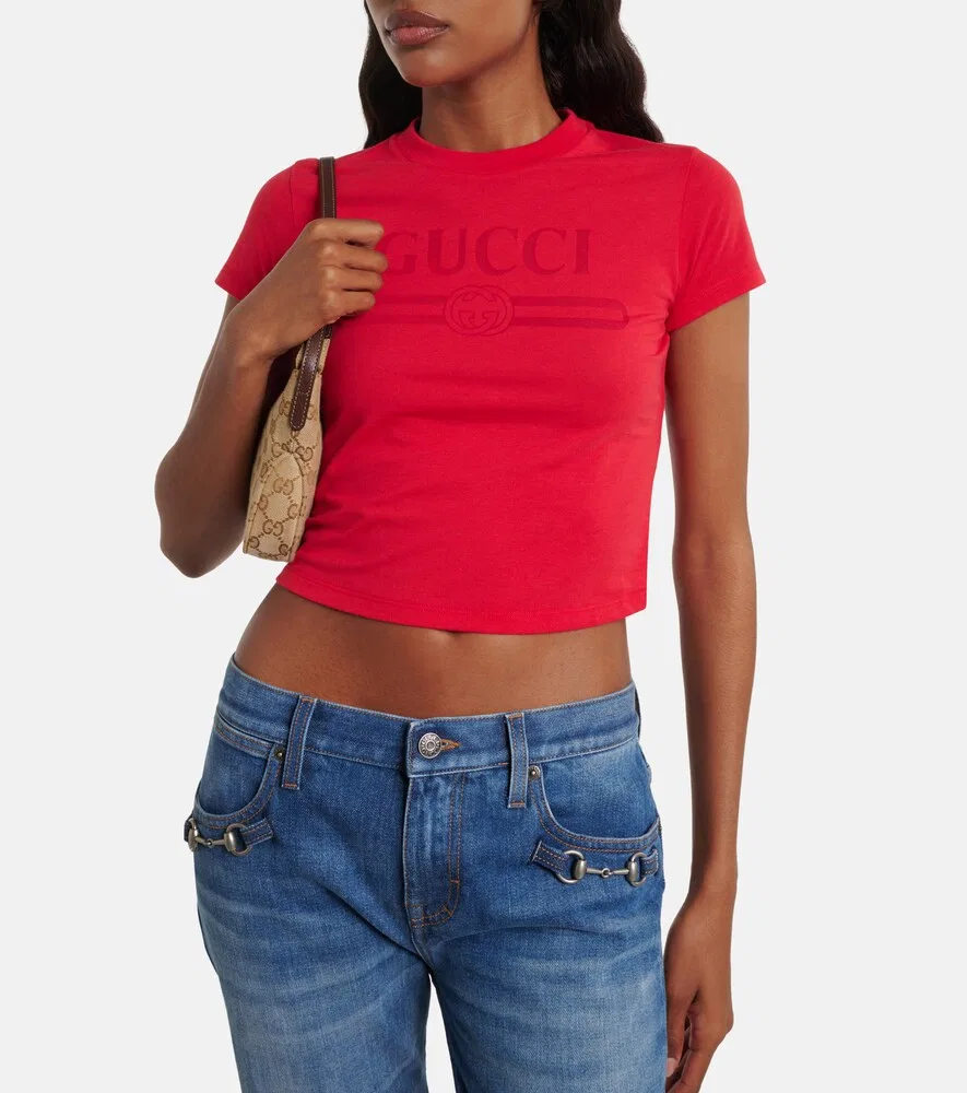 Укороченная футболка из хлопкового трикотажа с логотипом Gucci, красный — фото 2