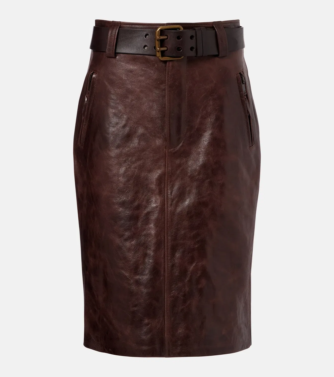 Юбка-карандаш из телячьей кожи с поясом Saint Laurent, коричневый