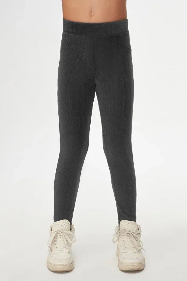Детские леггинсы для девочек вельветовые Anthracite girls' corded fabric velvet tights with pockets Lovetti, Anthracite — фото 2