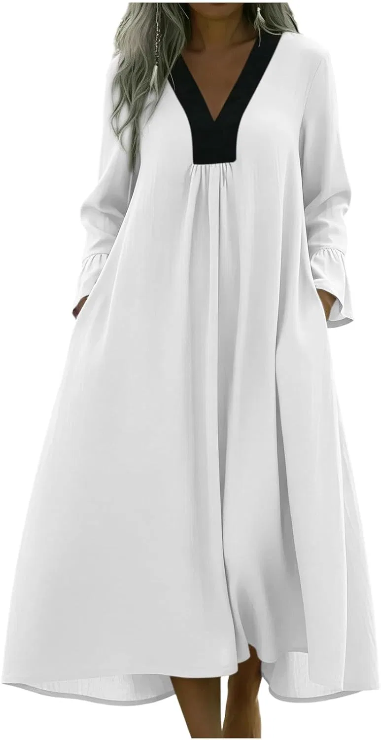 Женское свободное платье миди с V-образным вырезом Cotton Linen, White