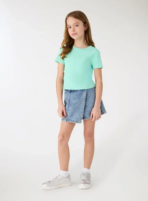 Футболка укороченная с вырезом, хлопок, Crop con cut-out - print t-shirt, Terranova, светло-зеленый водный