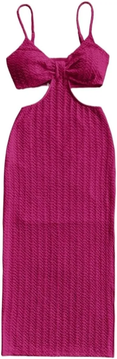 Женское ками-миди платье с вырезом и разрезом бедра, Hot Pink