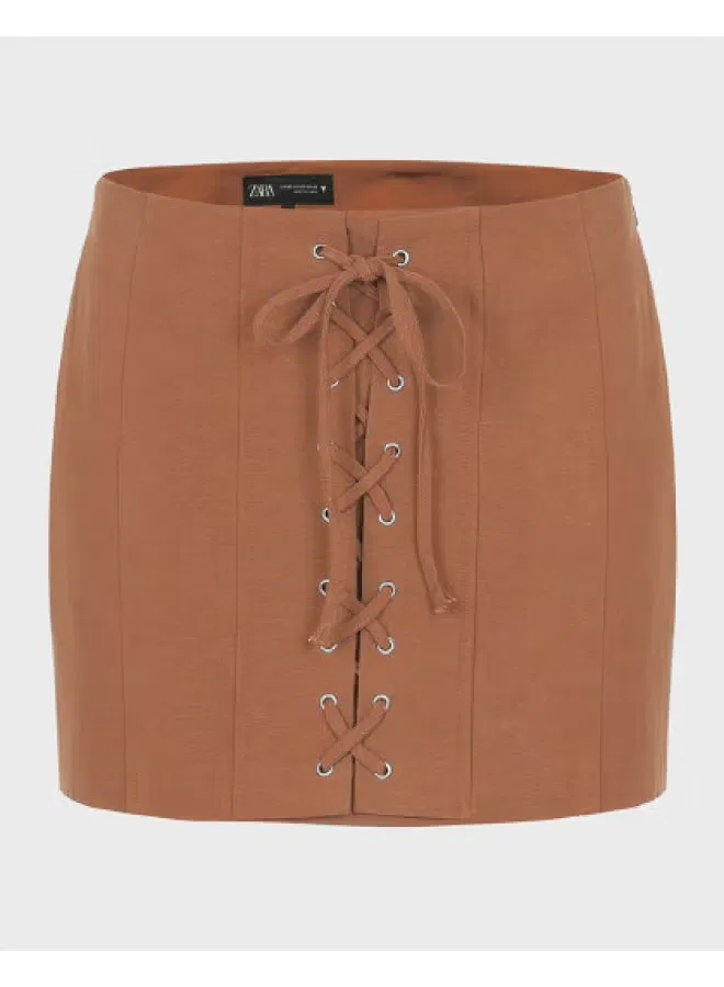 Юбка-трапеция мини с декоративным узлом Zara, коричневый