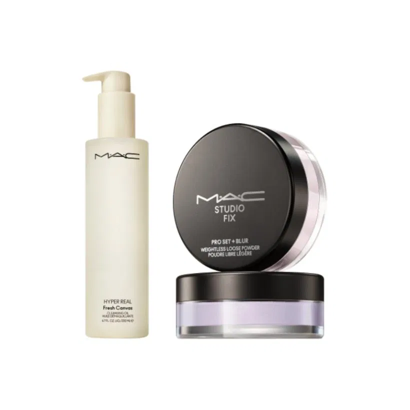 Женский набор для снятия макияжа MAC Clear and Radiant Cleansing Oil 200ml + Custom Flawless Light Loose Powder #Absolute Purple 6.5g