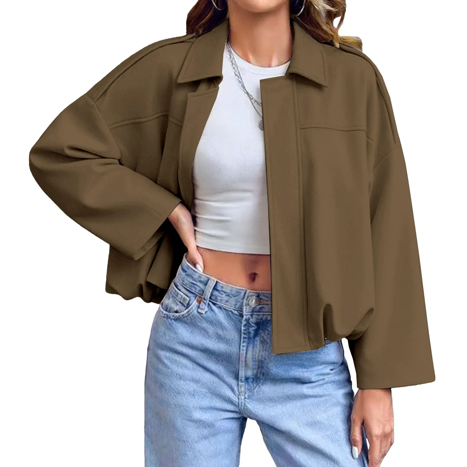 Женское короткое пальто с двубортной застежкой и карманами, Brown A