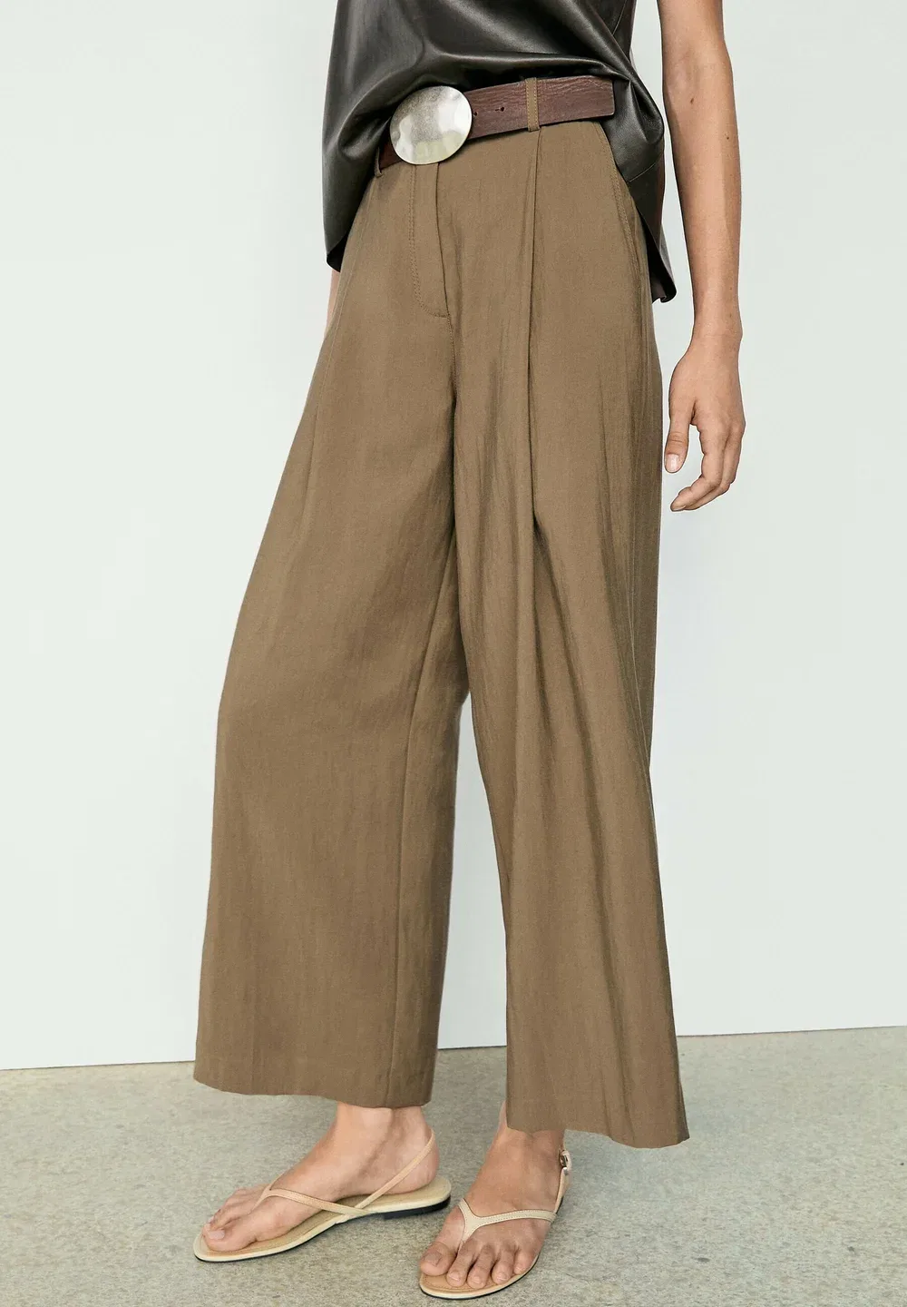 Свободные укороченные брюки с широкими штанинами Massimo Dutti, Khaki