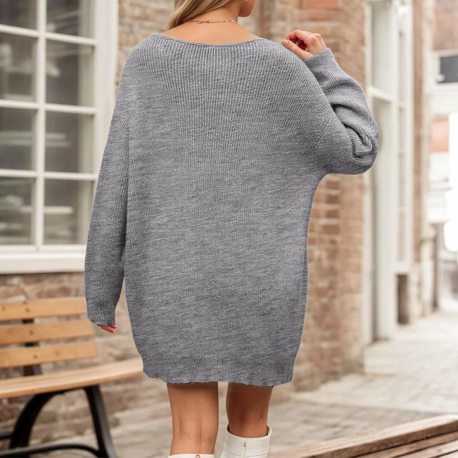 Женское платье-свитер с V-вырезом свободного кроя, Grey — фото 3