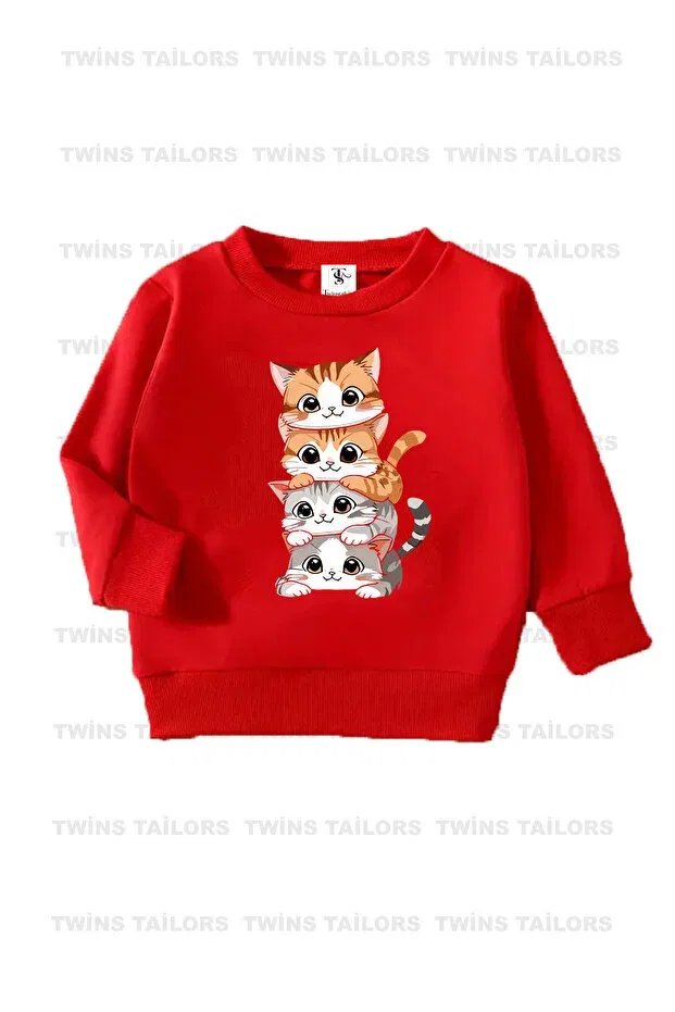 Детские свитшот для девочек с принтом Black-Grey-Red triple crew neck girls' sweatshirt with fleece inside and cat and ribbon print Twins Tailors, Red — фото 2
