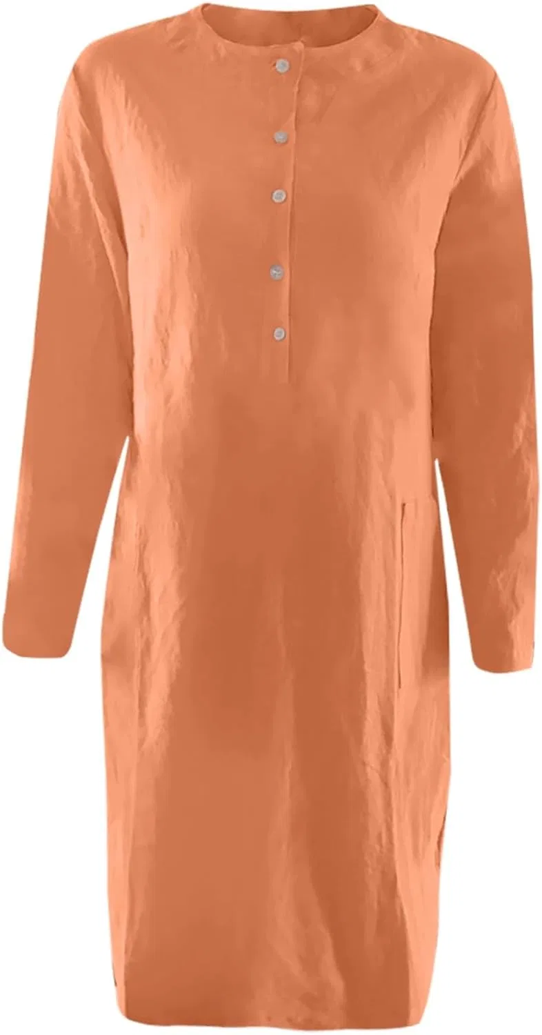 Женское платье с цветочным принтом из льна и хлопка, Orange — фото 4