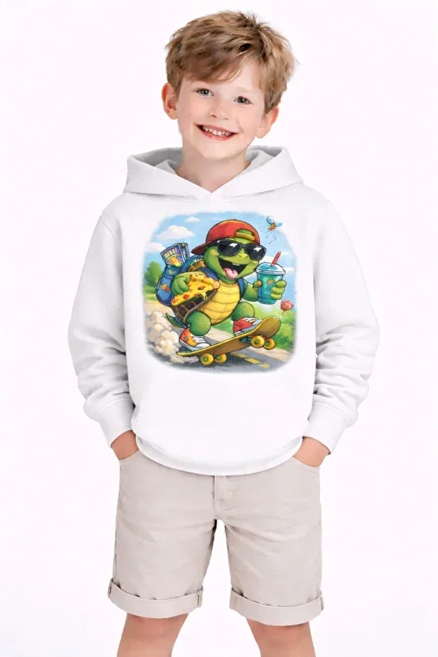 Детские свитшот для девочек с принтом Turtle Printed 3 Thread Fleece-Lined Hooded Children's Sweat Artyus, White