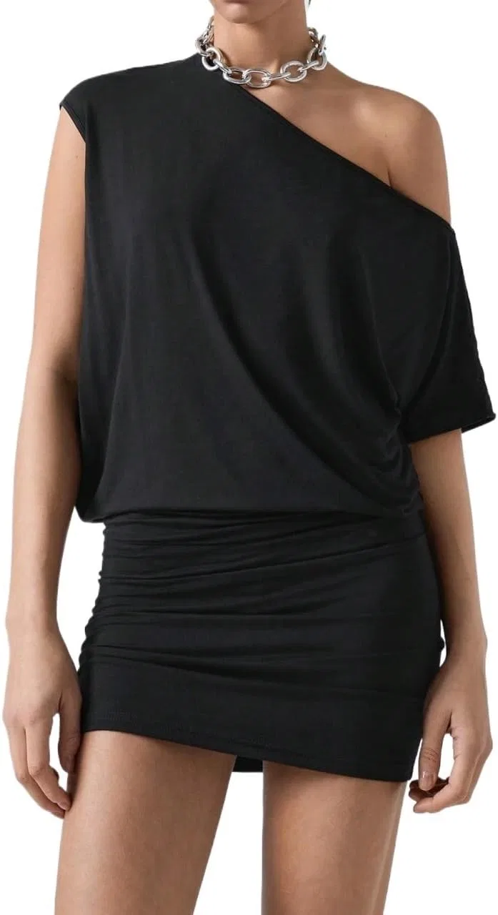 Женское короткое платье-футболка асимметричный воротник Bodycon, Black