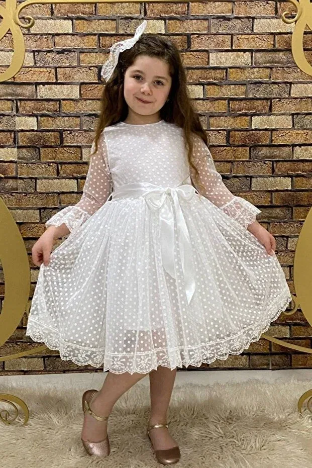 Детское платье для девочек кружевное с поясом Abiyekids, White — фото 2