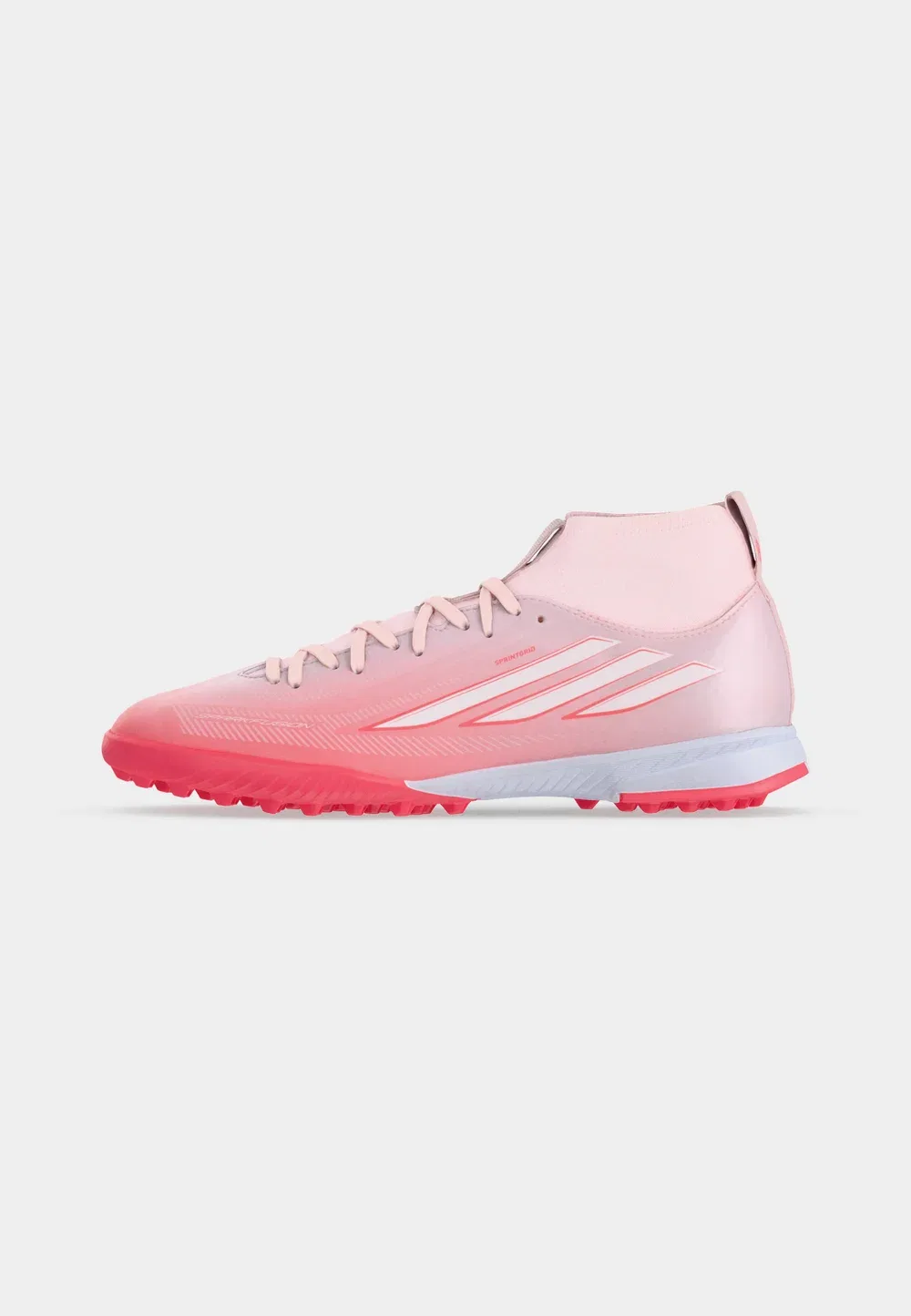 Детские футбольные бутсы F50 Sparkfusion League Mid Cut Turf унисекс - для искусственных газонов Adidas Performance, Solar Turbo/Footwear White/Distilled Pink — фото 2