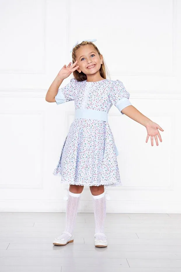 Детское платье для девочек хлопковое Blue Floral Patterned Scalloped Moda Lippa, Blue — фото 3