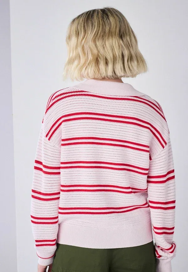 Джемпер с V-образным вырезом Regular Fit Stitch Long Sleeve Polo Jumper Next, Pink Red Stripe, красный/розовый — фото 3