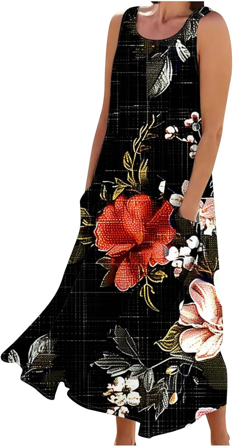 Женское летнее макси-платье с принтом Boho Cotton Linen, Red