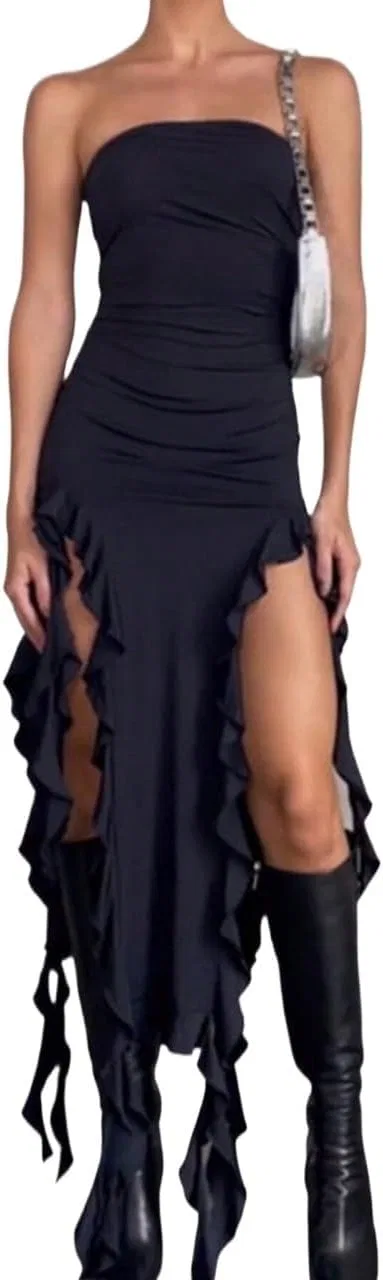 Женское облегающее платье миди с рюшами и асимметричным вырезом, Black