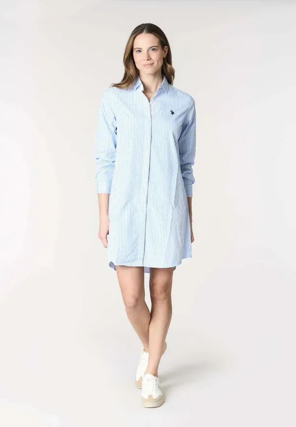 Платье-рубашка из полосатой ткани, модель A maniche lunghe in a righe - shirt dress, U.S. Polo Assn., бирюзовый