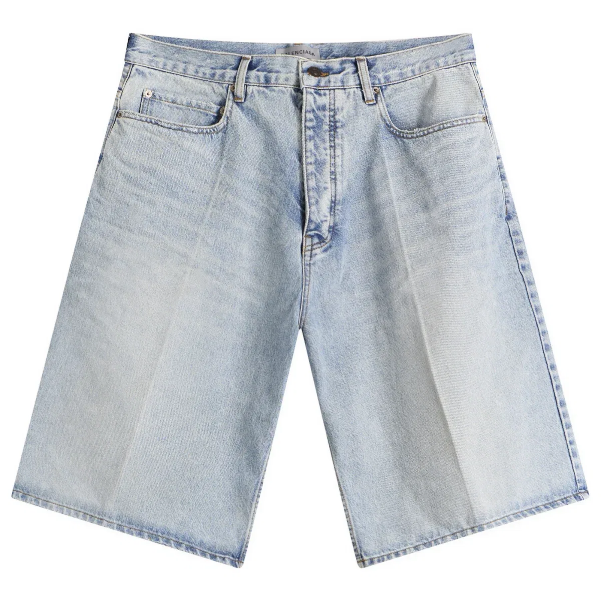 Шорты джинсовые с защипами Stay press vintage denim shorts Balenciaga, Bleach Light Bleu