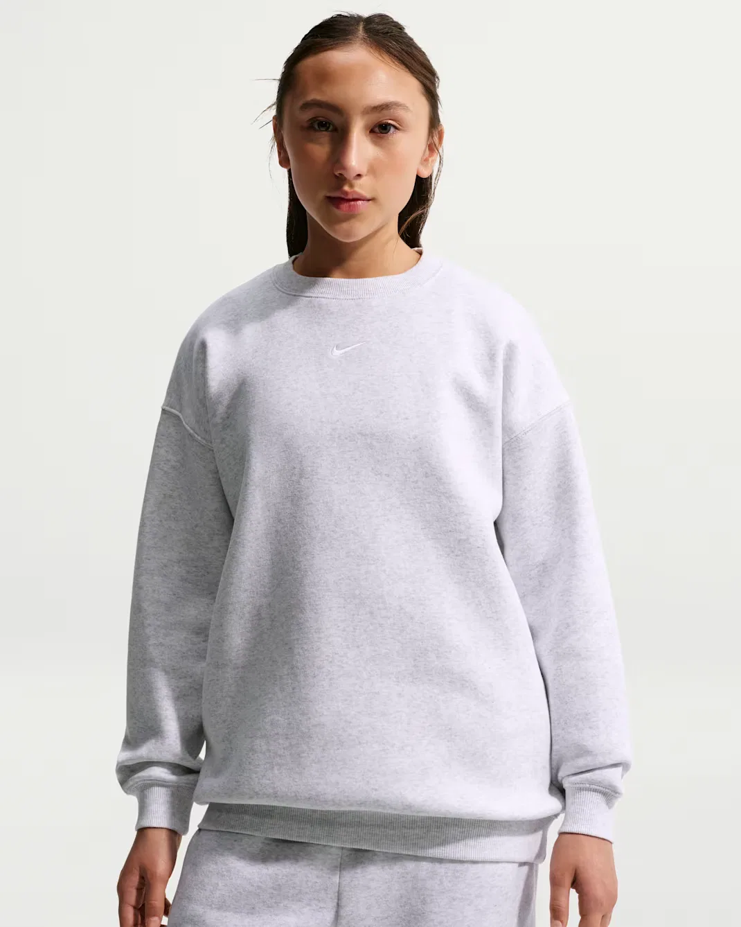 Детская толстовка оверсайз с круглым вырезом для девочек (подростков) Nike Sportswear Studio, Birch Heather/White — фото 3