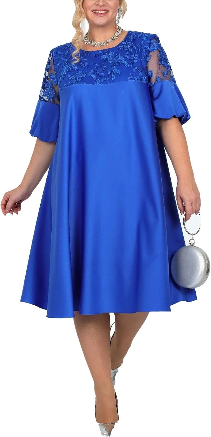 Платье миди с вышивкой A-силуэта Plus Size, Blue