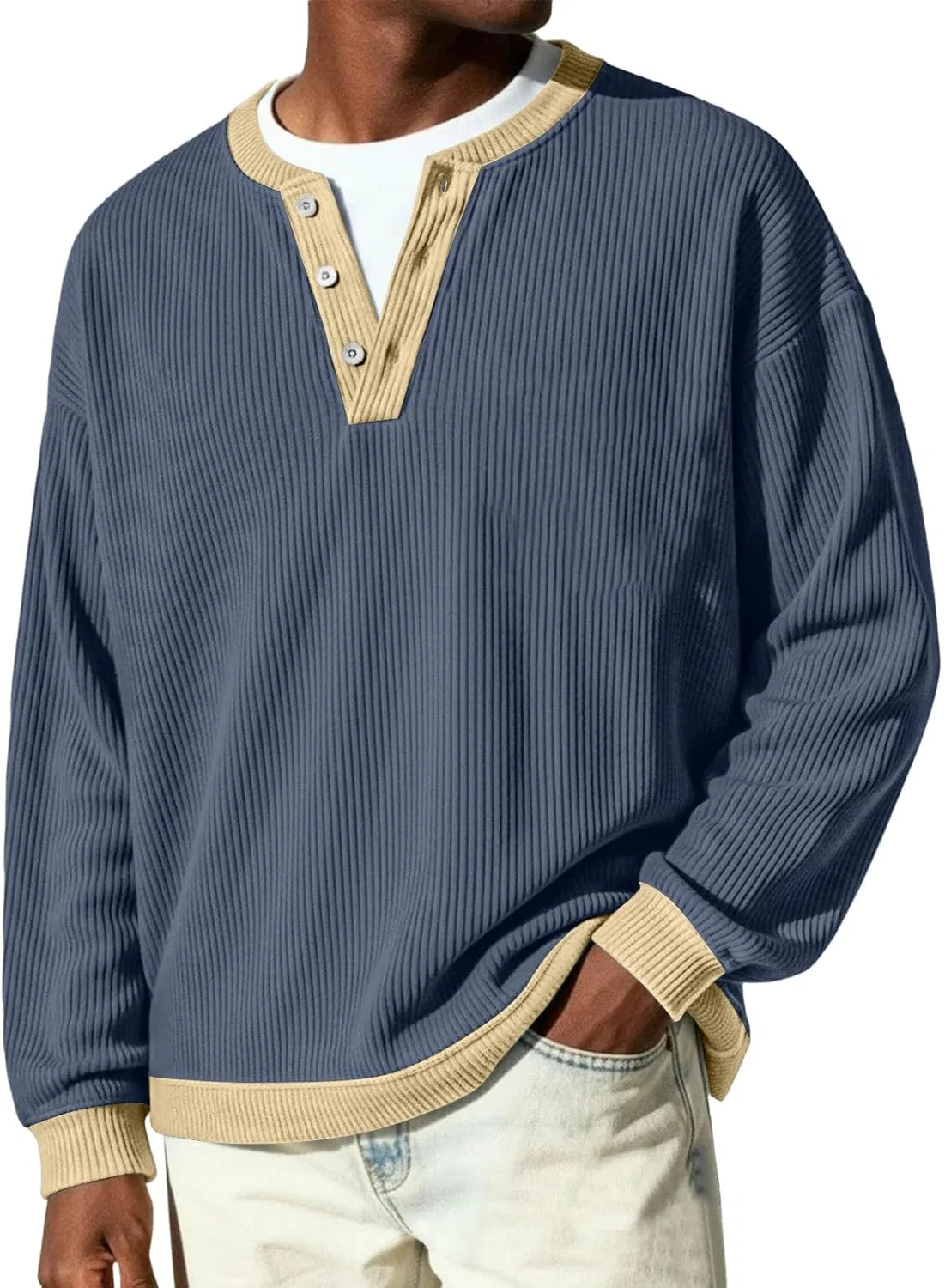 Мужская футболка с длинным рукавом, Ribbed Knit Henley, тёмно-синий — фото 4
