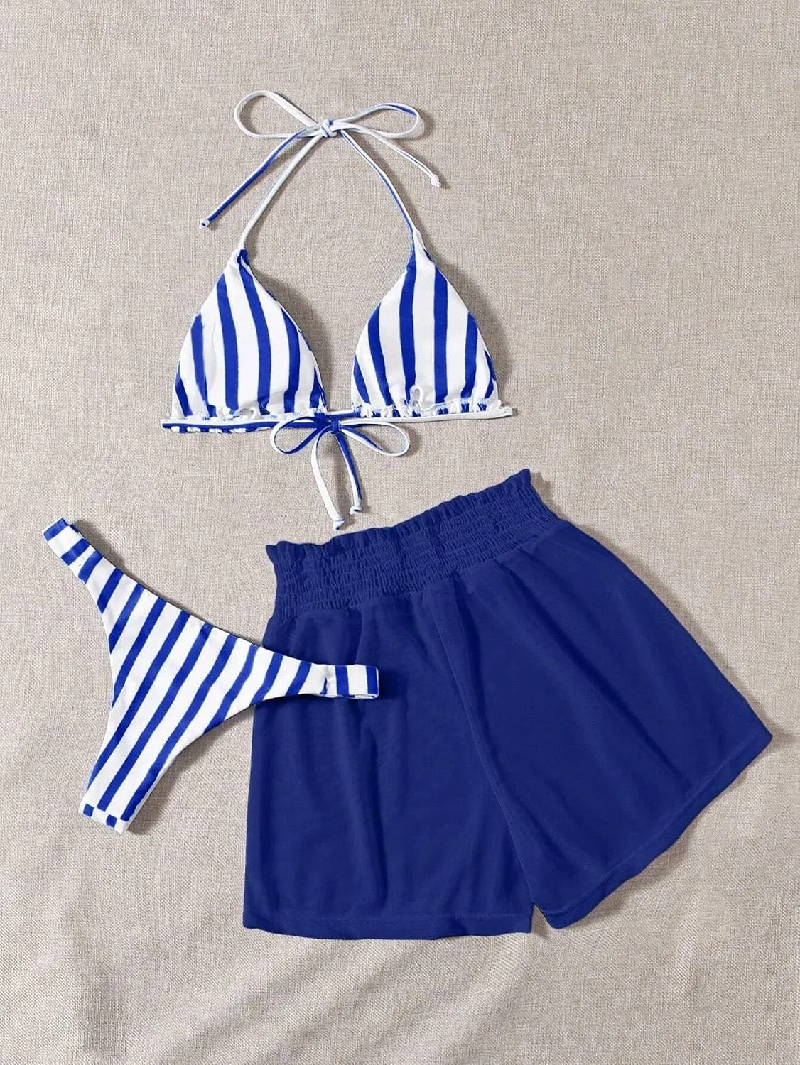 Женский бикини-комплект с высокой талией Wirefree Bra 3 Piece Striped, Royal Blue — фото 3
