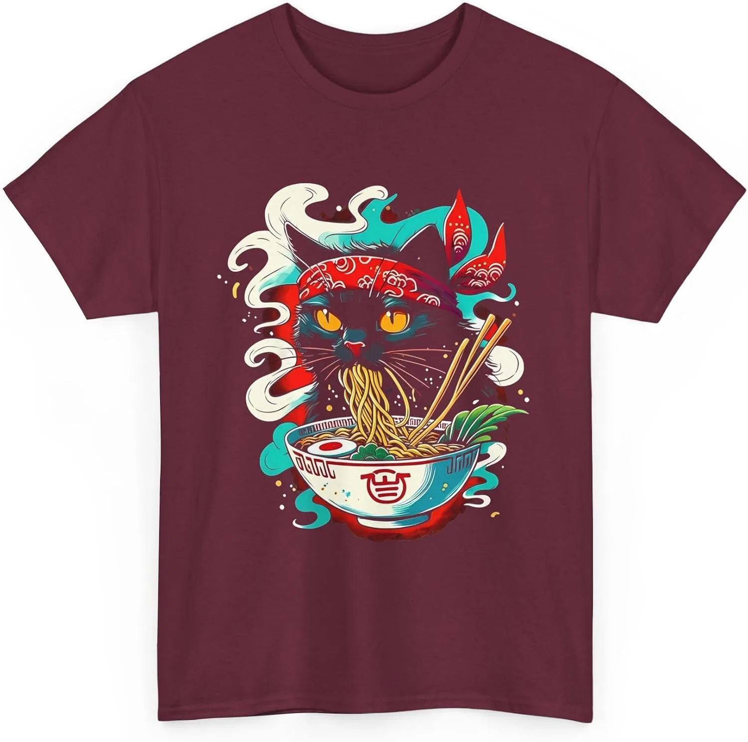 Женская футболка с принтом Ramen Cat, бордовый