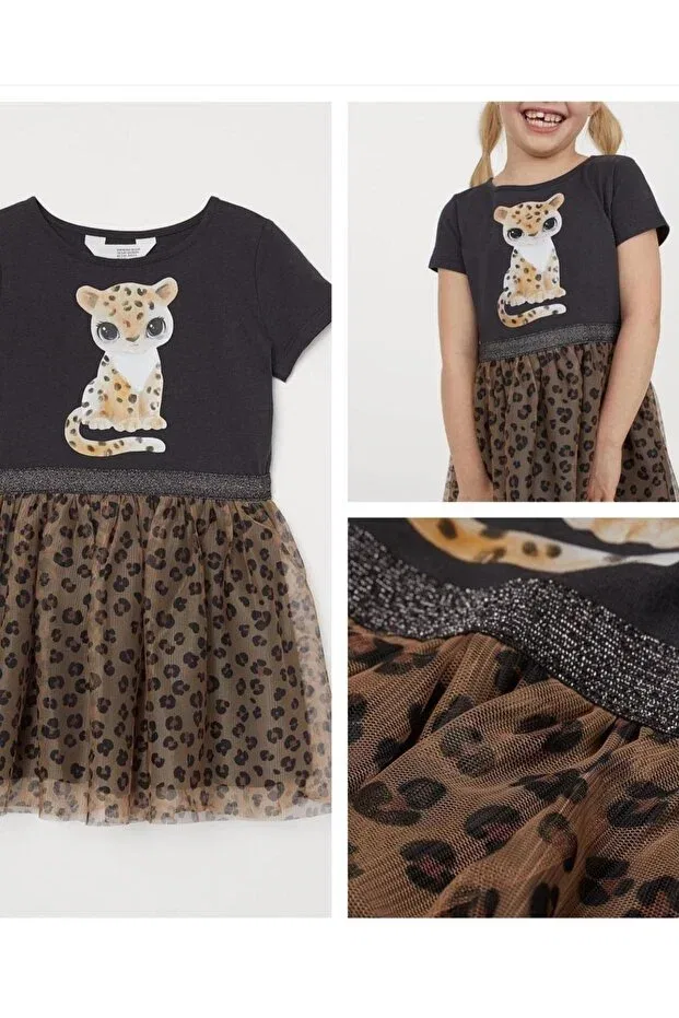 Детское платье для девочек с принтом Leopard Detailed Tulle Dress Pink Hippo Kids, Leopard — фото 3