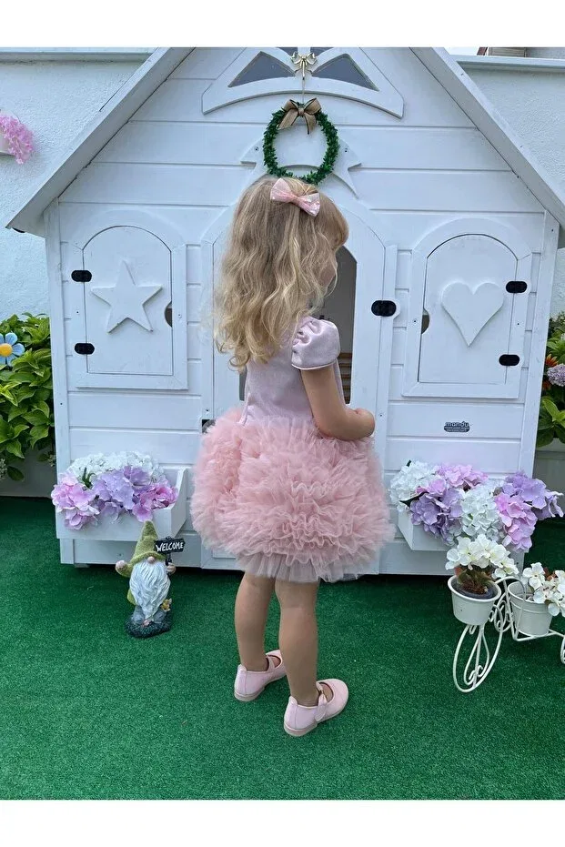 Детское платье для девочек с коротким рукавом Princess Trailing Detachable Ribbon Babymoon Kids, Powder — фото 2