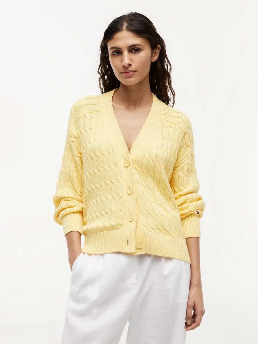 Вязаный кардиган TOMMY HILFIGER 'Cable Oversized' светло-желтого цвета — фото 2