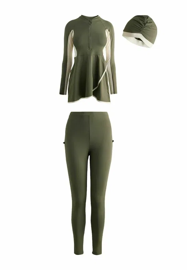 Купальник 3-предметный комплект Regular fit Next, Khaki Green Cream, зеленый/кремовый/хаки