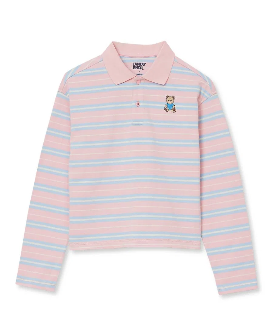 Детское поло с длинным рукавом Lands' End, Bear/Orchid Pink Stripe