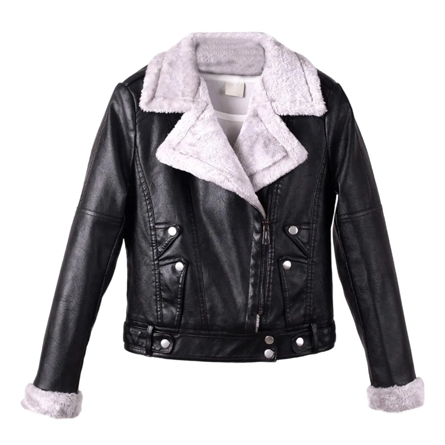 Женская куртка с подкладкой из искусственного меха, с принтом, Faux Fur Lined Leather Jacket, Black