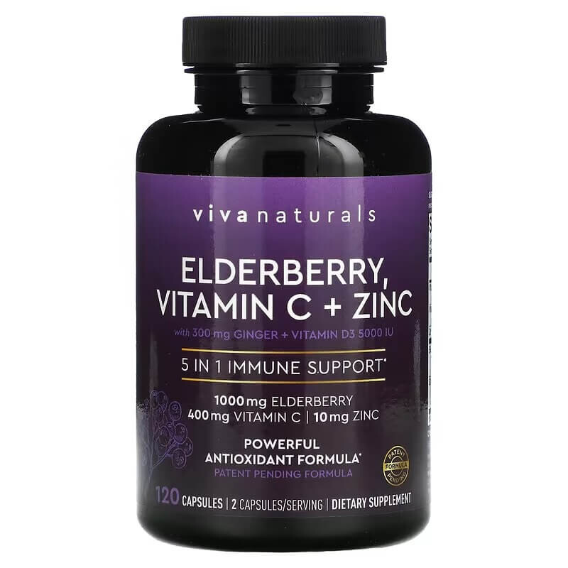 

Бузина, витамин С + цинк, поддержка иммунитета 5 в 1 Viva Naturals, 120 капсул