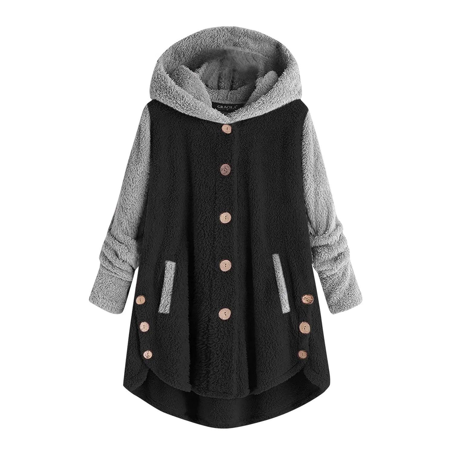 Женская флисовая куртка с капюшоном, длинная, с карманами, модель Two-Tone Plush, бренд, Black