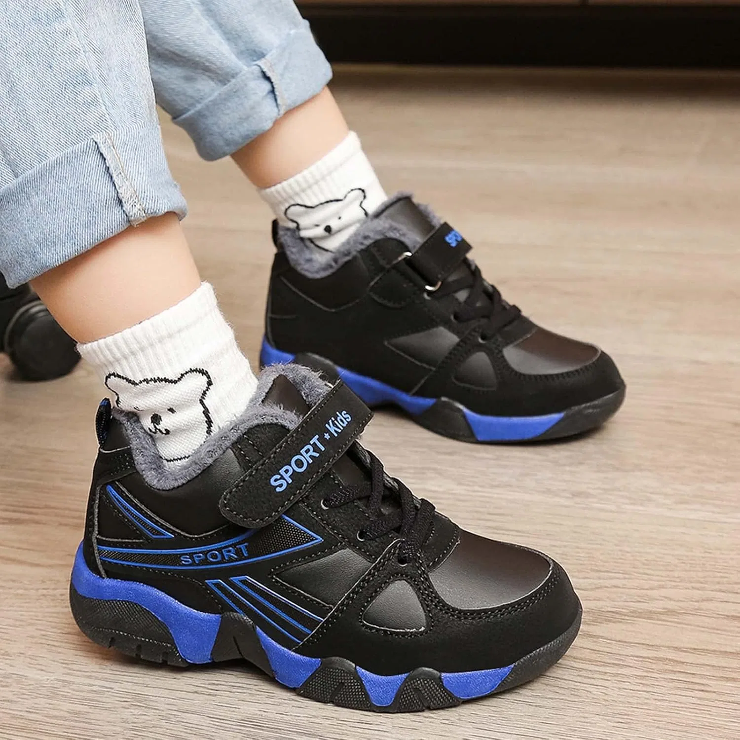 Детские зимние кроссовки с искусственным мехом для мальчиков Eliogn, Black Blue — фото 2