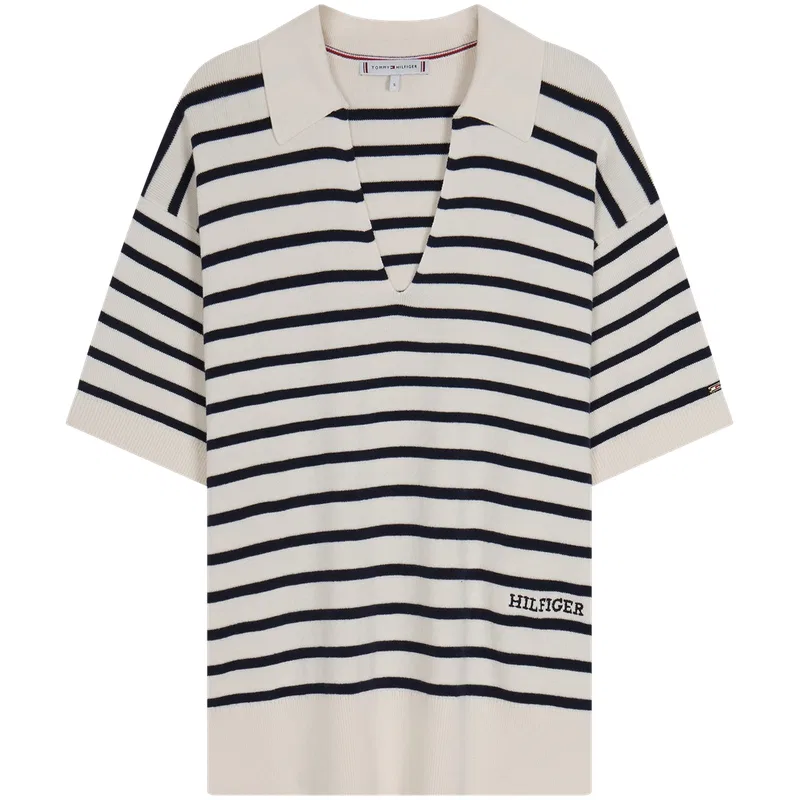 Женский джемпер-поло с коротким рукавом и полосками Tommy Hilfiger, Beige White Navy Blue Stripes