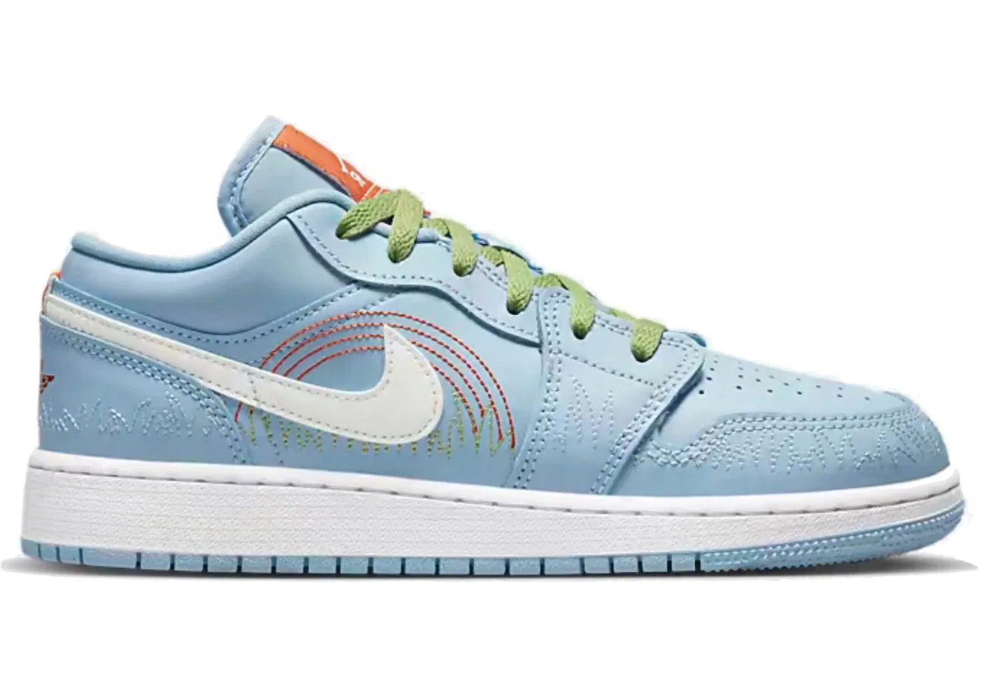 Детские кроссовки для мальчиков низкие с принтом Jordan 1 Low SE Stitch Jordan, Psychic Blue/Vivid Green/Safety Orange