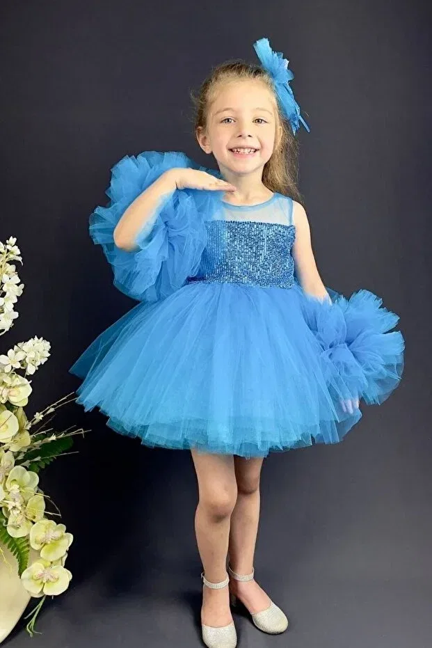 Детское платье для девочек с длинным рукавом Sleeve detailed pompom blue buckle powder color children's evening dress aby458 Abiyekids, Blue — фото 4