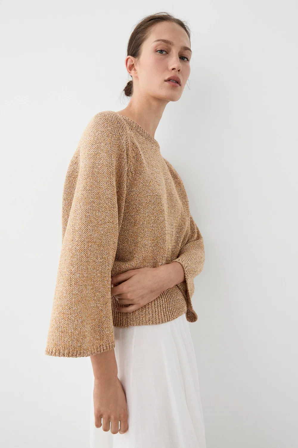 Вязаный свитер из смеси хлопка с меланжевой текстурой Massimo Dutti, Tobacco Brown — фото 2