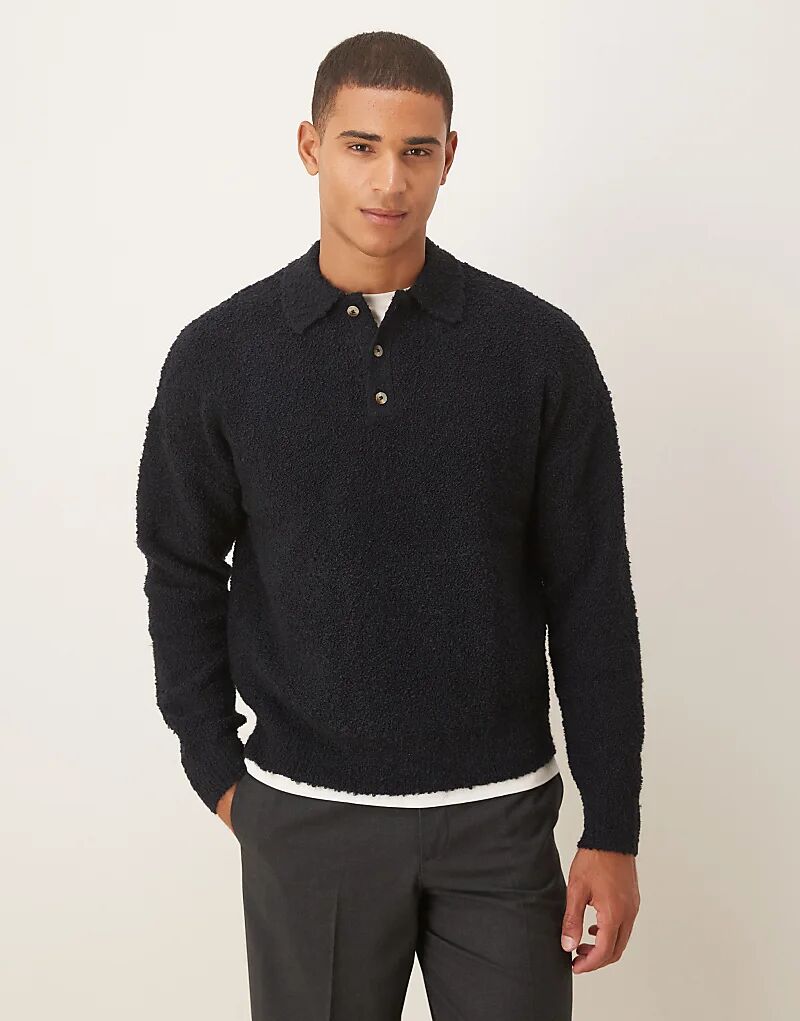 

Темно-синяя свободная трикотажная рубашка-поло из букле ASOS DESIGN