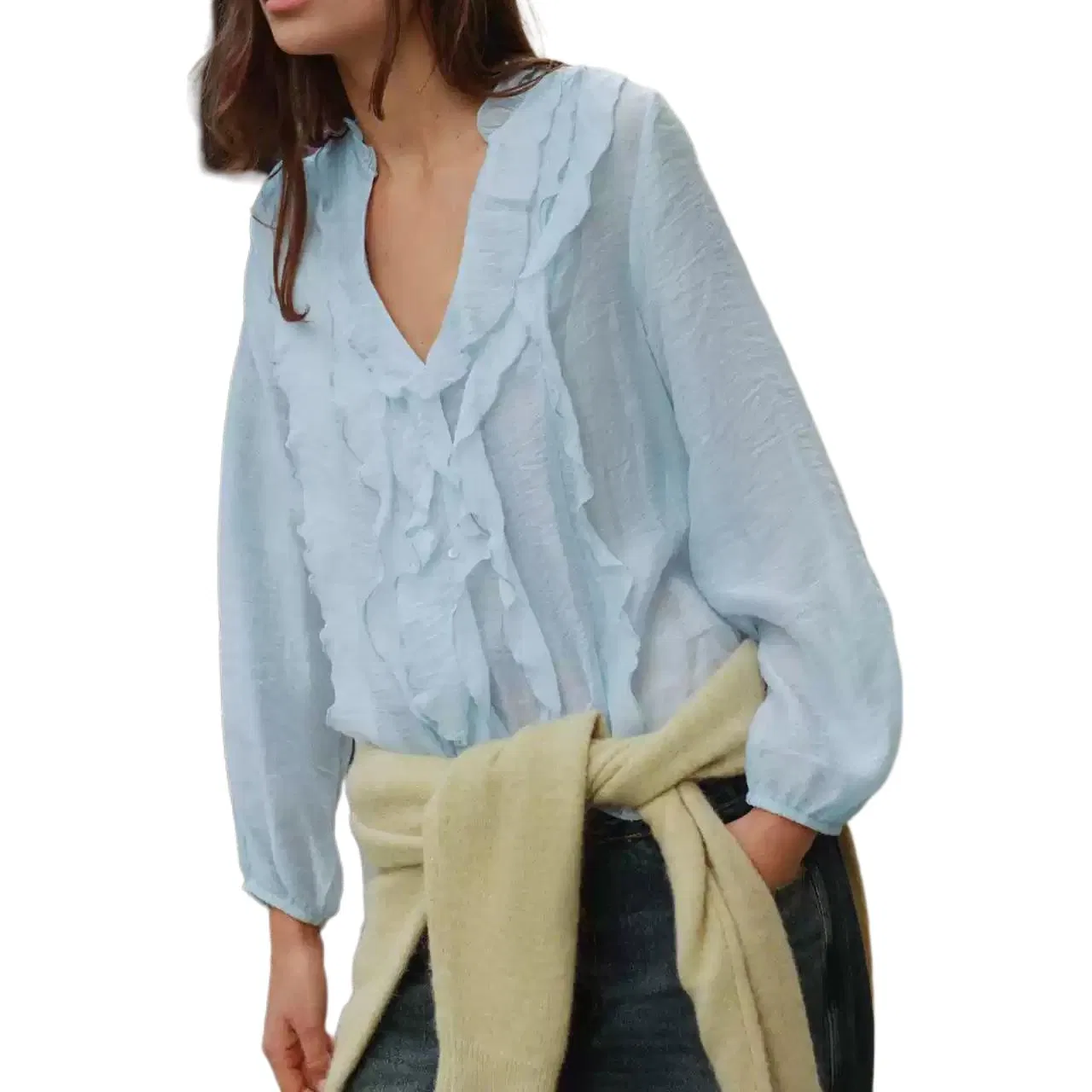 Женская рубашка с V-образным вырезом, с длинным рукавом, Sky Blue, ZARA — фото 4