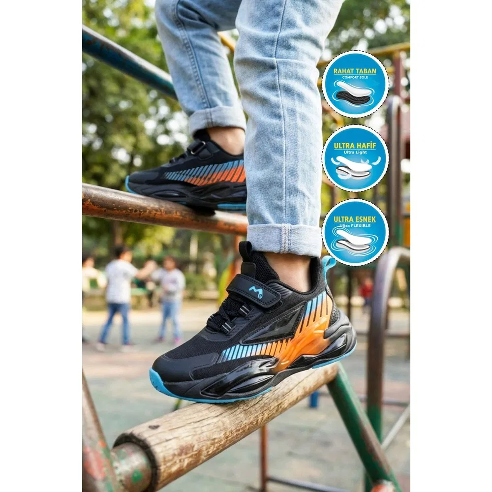 Детские спортивные кроссовки для мальчиков на липучках, сверхлегкие, Black Blue Orange Marco Kids — фото 3