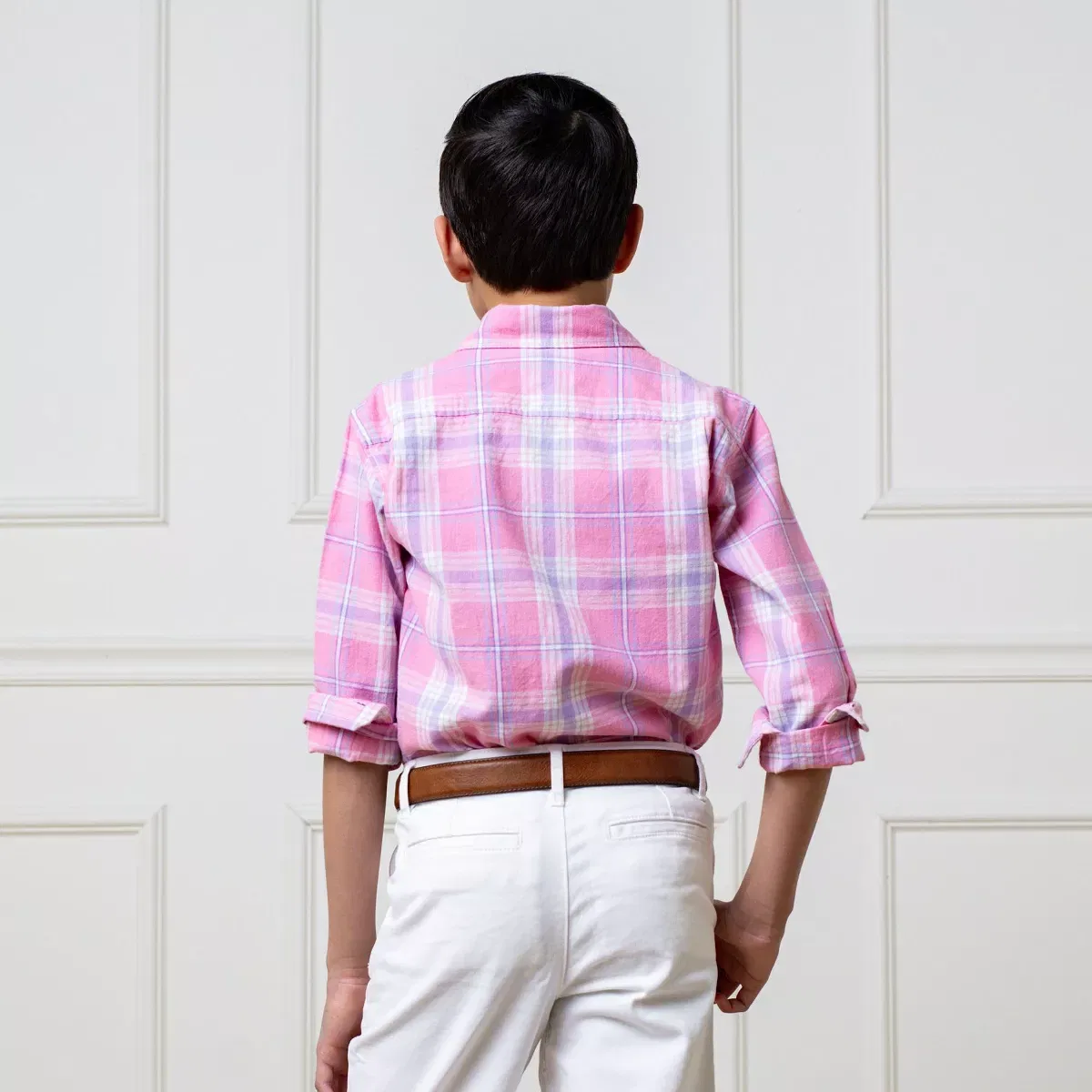 Детская рубашка для мальчиков с длинным рукавом Hope & Henry, Tea Room Pink Plaid — фото 4
